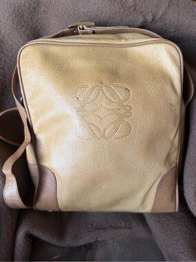 Loewe Logo Embossed Tan & Dark Tan Messenger Bag w/Beige Suede Interior